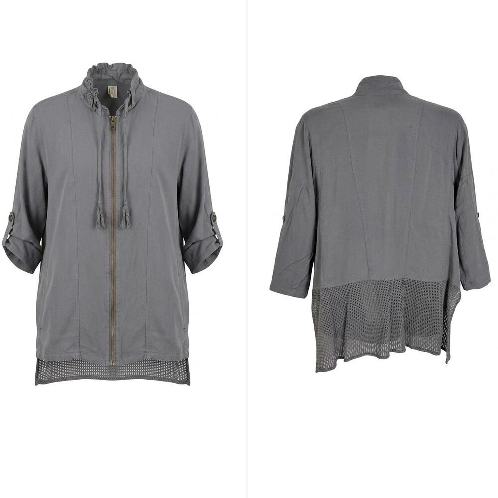 Xcvi Gray Drawstring Funnel Neck Roll Tab Sleeve Jacket Women Size S